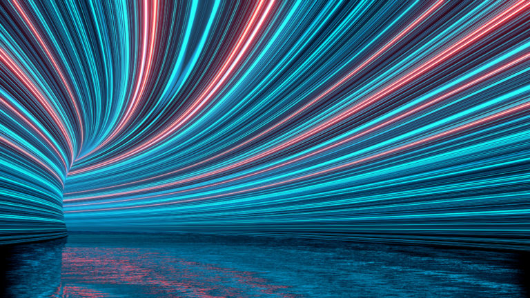 3D Rendering of curved tunnel with led glowing lights on ceiling and reflection from puddle on wet dark street surface