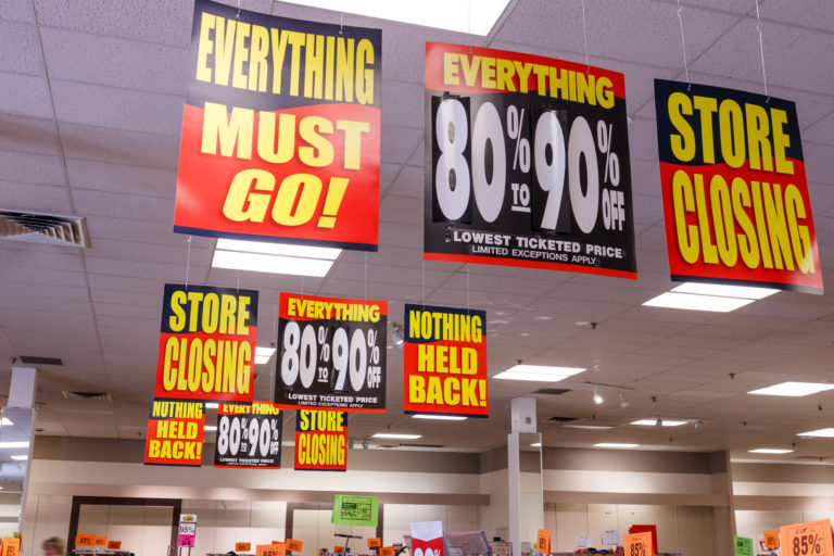 Anderson - Circa April 2018: Store Closing and huge discount signs displayed at a soon to be out of business Carsons, a subsidiary of The Bon-Ton I