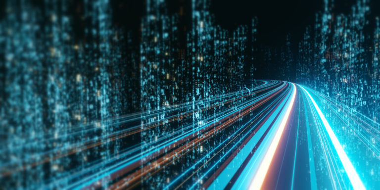 3D Rendering of abstract highway path through digital binary towers in city. Concept of big data, machine learning, artificial intelligence, hyper loop, virtual reality, high speed network