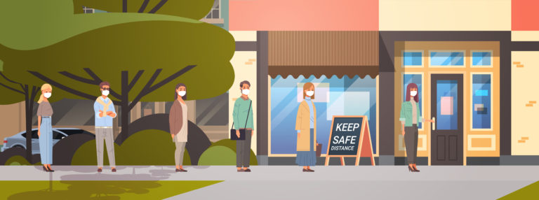 people in face masks standing line queue to coffee shop keeping distance to prevent covid-19