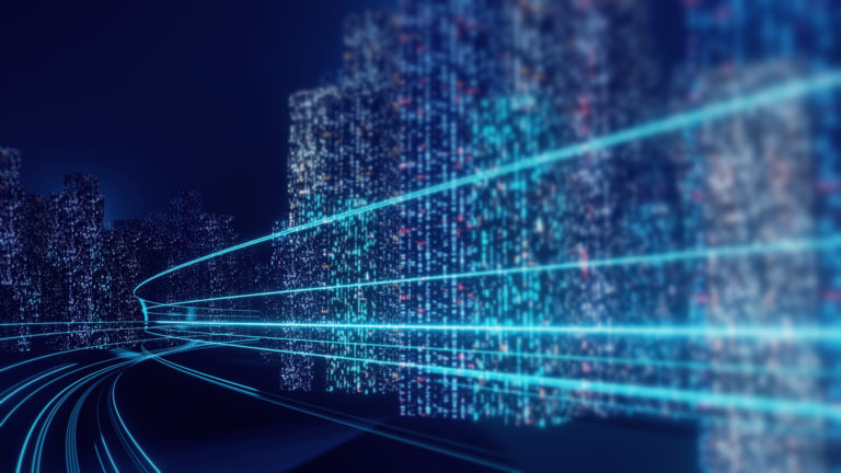 3D Rendering of abstract highway path through digital binary towers in city. Concept of big data, machine learning, artificial intelligence, hyper loop, virtual reality, high speed network
