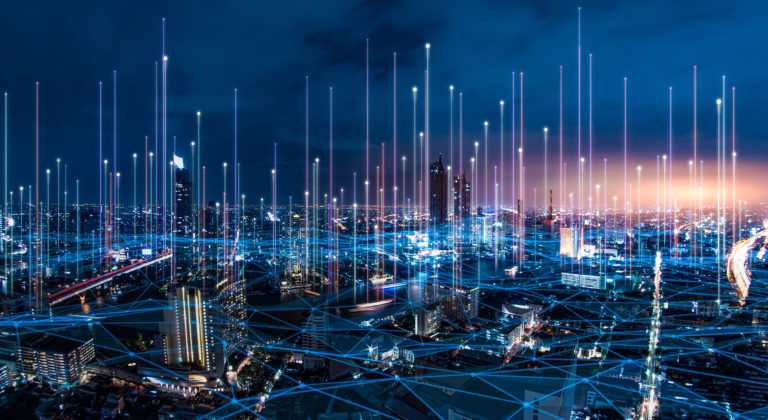 network digital hologram and internet of things on city background.5G network wireless systems