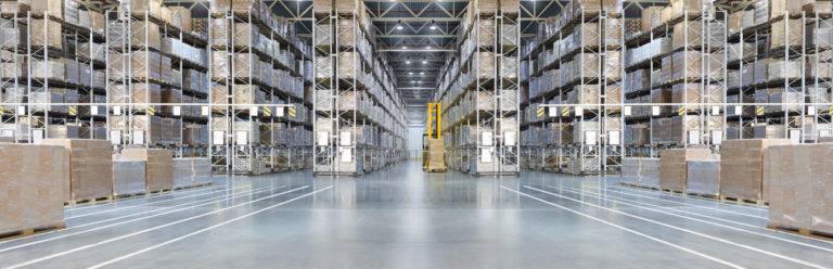 Huge distribution warehouse with high shelves