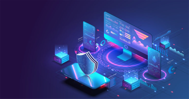 Application of pc and smartphone with business graph and analytics data. Isometric vector illustration of digital protection mechanism, system privacy. Data secure