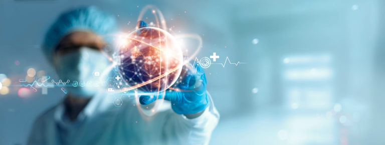 Doctor holding virtual globe with healthcare network connection. Science and medical innovation technology develop sustainable smart services and solutions in global research and development