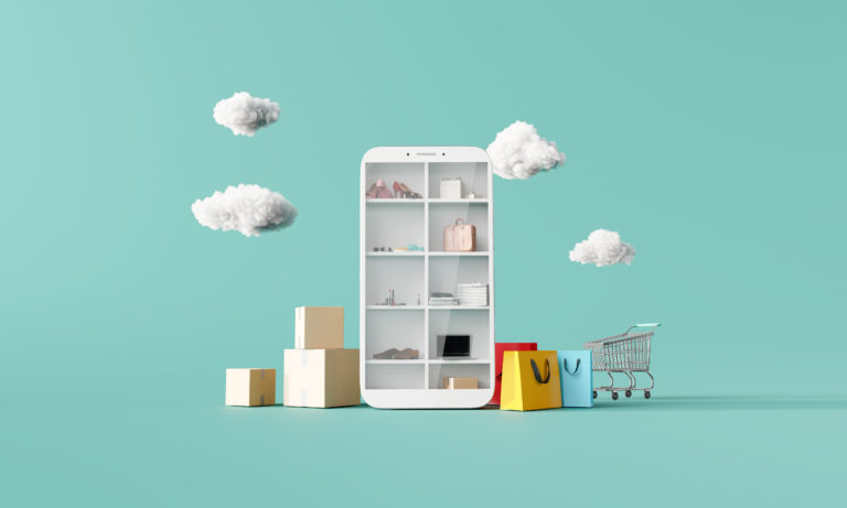 Online shopping concept on smartphone on blue background